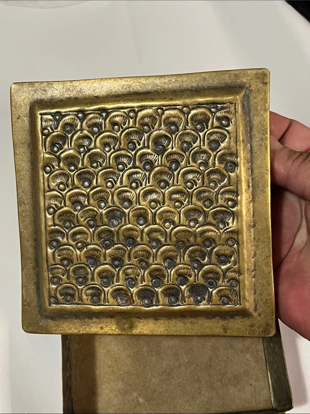 Antique Gold and Tan Embossed Metal Vanity Slide Box